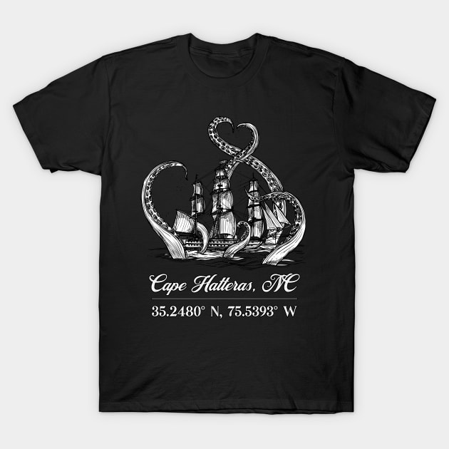 Cape Hatteras, NC Nautical Coordinates Boat Octopus T-Shirt by grendelfly73